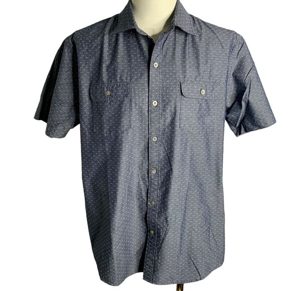 Van Heusen Button Up Short Sleeve Shirt L Blue Circles Pockets Collar Cotton - Picture 1 of 6